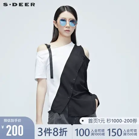 sdeer圣迪奥女装夏季黑白撞色飘带衬衫拼接T恤S20280164➰商品大图