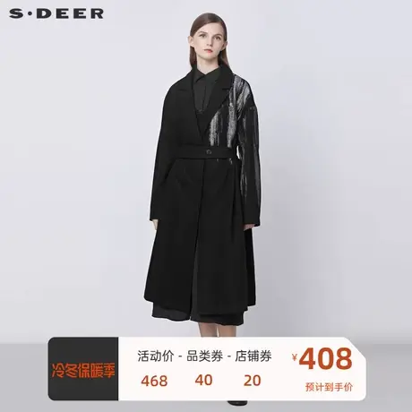 sdeer圣迪奥女装冬西装领撞色胶印收腰长款外套毛呢大衣S21481822👱商品大图