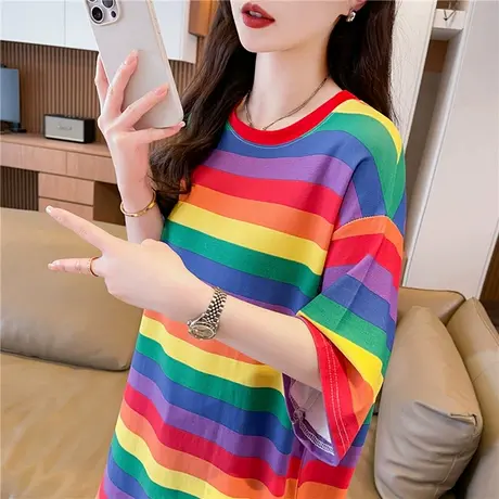 网红2025新款彩色条纹撞色中长款t恤女装休闲印花大码宽松上衣潮图片