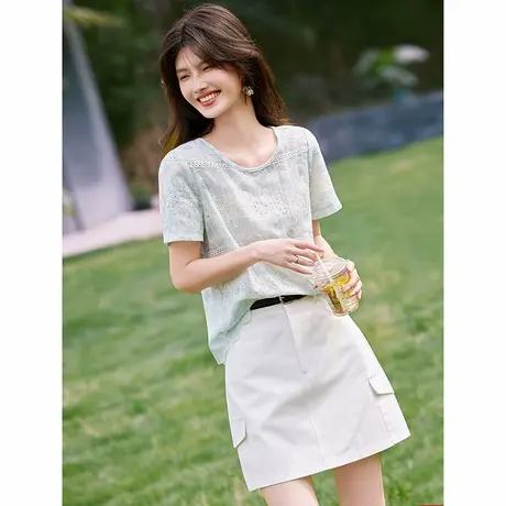 时尚气质短袖衬衫2025年夏季新款女圆领百搭休闲减龄温柔刺绣T商品大图
