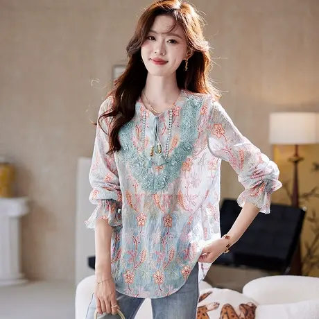 宝诗黎V领系带刺绣镂空衬衫2025夏季时尚气质百搭波西米亚风衬衣商品大图