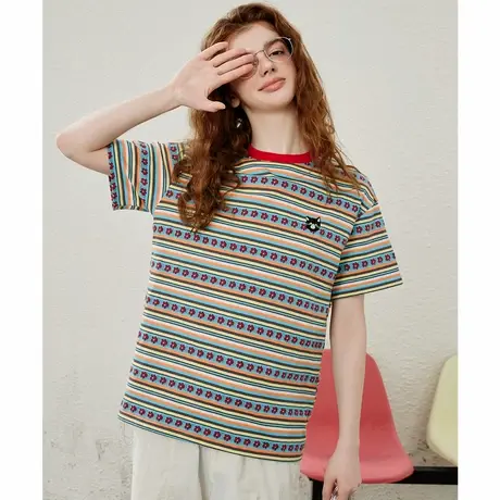 a02色织小花花复古条纹宽松小众设计女式T恤夏季圆领上衣图片