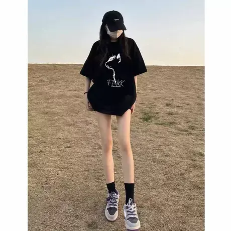 黑色潮牌大版短袖T恤女2025新款夏季宽松中长款下衣失踪半袖上衣图片