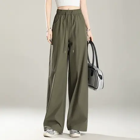 时尚休闲阔腿裤女夏季2025新款松紧腰抽绳薄款显瘦百搭直筒长裤子商品大图