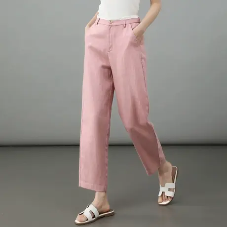 粉色天丝亚麻裤子女夏季薄款冰丝哈伦裤显瘦萝卜裤宽松休闲九分裤图片