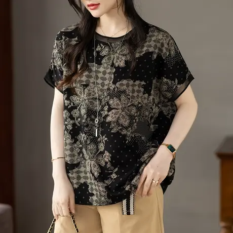 雪纺衫女短袖夏季新款宽松加肥加大码中年妈妈轻奢高级感小衫上衣商品大图