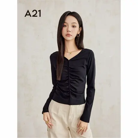 A21女装2024秋季新款纯色针织修身V领套头长袖T恤保暖内搭打底衫图片