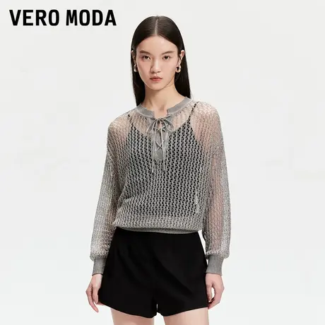 Vero Moda奥莱针织衫女2025春秋新款金属丝V领绑带镂空个性罩衫商品大图