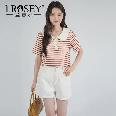蓝若水大码女装2025夏季新品胖MM甜美镂空条纹T恤花边娃娃领上衣商品大图
