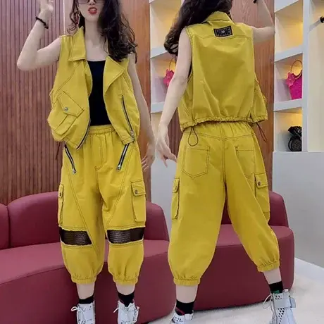 欧货休闲撞色线时尚马甲水洗短款洋气套装2025夏季七分裤两件套女图片