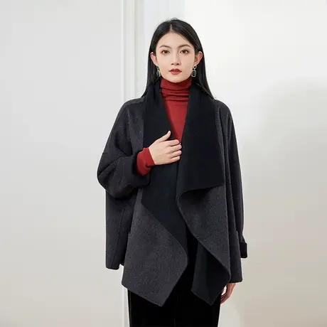 希区瑞普年新款宽松显瘦赫本风气质拼色设计羊毛呢短大衣图片