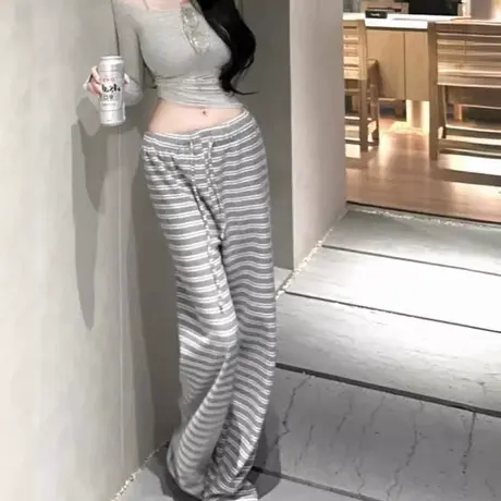 现货~韩国东大门性感宽松系带条纹休闲裤简约百搭直筒裤商品大图