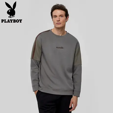 花花公子新款设计感百搭圆领卫衣男拼接织带长袖上衣春季官方正品图片