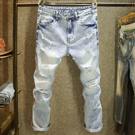 夏季薄款雪花洗牛仔裤男款街头痞帅刮烂乞丐裤潮牌破洞修身小脚裤商品大图