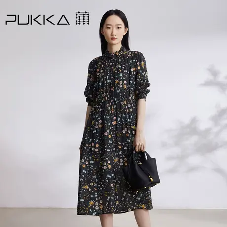 蒲PUKKA 原创设计早秋新品苎麻印花宽松休闲立领长袖连衣裙图片