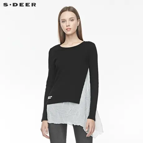 sdeer 圣迪奥罗纹圆领字母贴布肌理拼接开衩长袖上衣S19480213图片