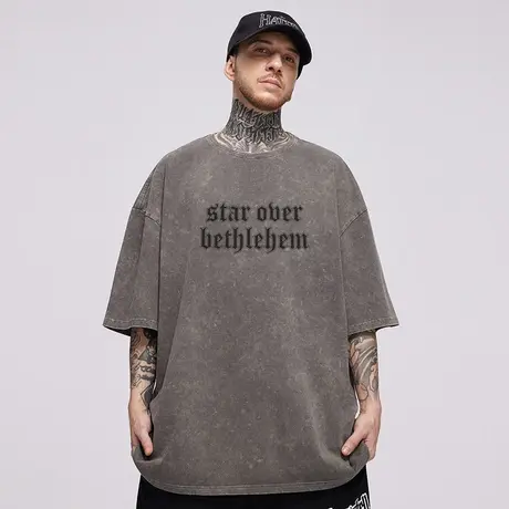 美式重磅纯棉潮牌宽松复古怀旧风做旧潮流圆领加肥加大短袖t恤男商品大图