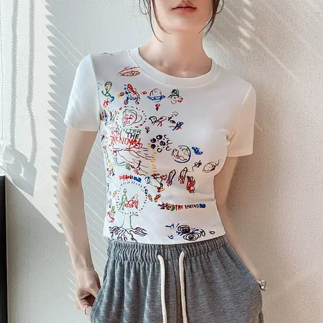 时尚休闲涂鸦正肩圆领短袖T恤女2025春季新款纯棉多巴胺穿搭上衣图片