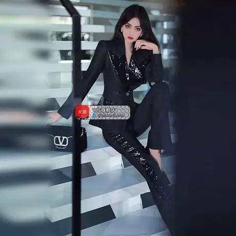 亮片拼接设计款钉珠西装开衩西裤两件套秋季气质礼服西装套装商品大图