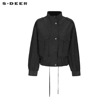 sdeer圣迪奥女个性立领短款黑色春秋款飞行夹克外套S22182205图片