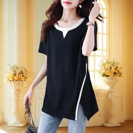 遮屁股假两件圆领大码胖mm显瘦遮肚不规则女上衣中长款黑色小衫女商品大图