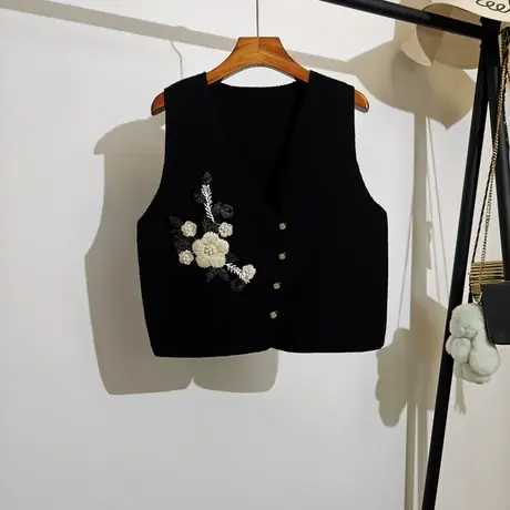 立体花朵针织马甲女秋冬新款v领叠穿设计感小众毛衣坎肩背心外穿商品大图