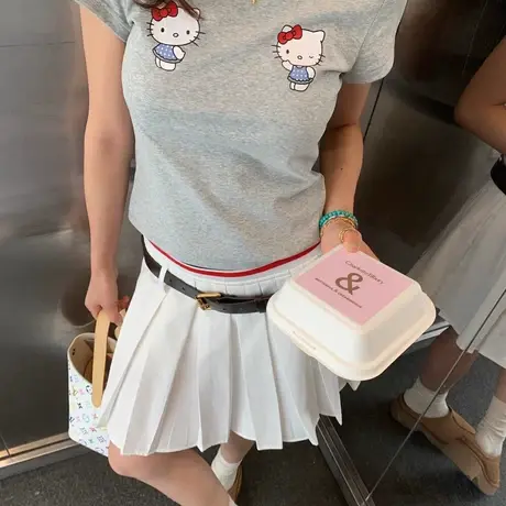 韩版2025夏季款美式减龄卡通kitty印花短袖t恤女短款正肩显瘦上衣商品大图