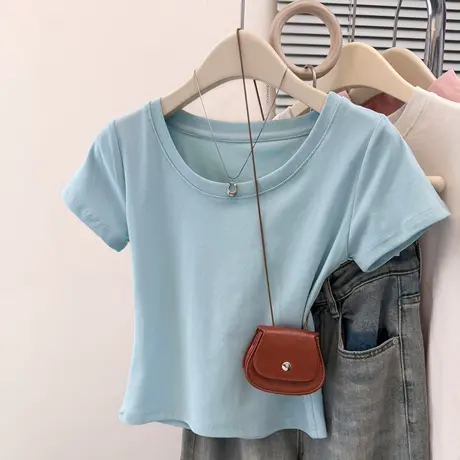 2025夏季新款U领正肩短袖T恤女韩版修身小个子短款辣妹甜飒风上衣图片
