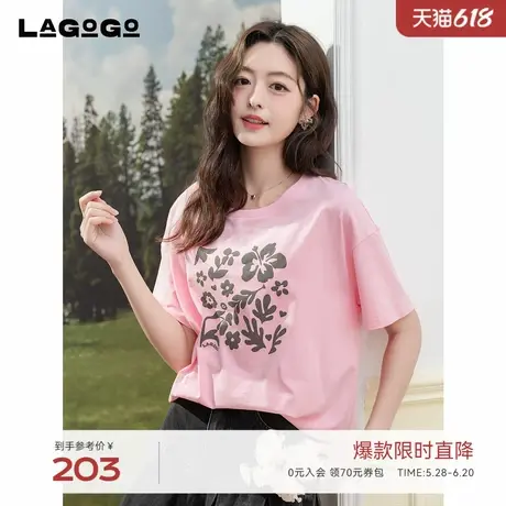 LAGOGO多巴胺粉印花T恤女拉谷谷2025年夏季新款宽松休闲短袖上衣商品大图
