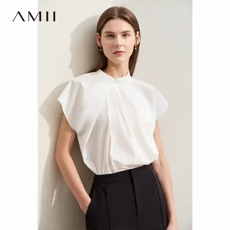 Amii2025夏新款气质通勤立领不对称收褶宽肩白衬衫女连袖衬衣上衣商品大图