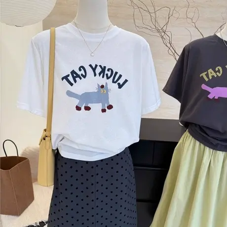 轻薄透气雪花棉白色短袖t恤女夏季宽松正肩圆领卡通猫咪印花上衣商品大图