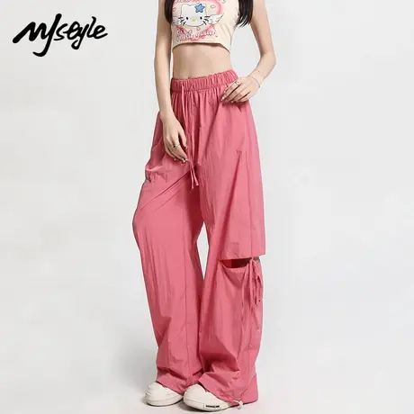 MJ STYLE美式破洞蝴蝶结阔腿宽松夏季女新款高腰速干潮流工装裤子图片