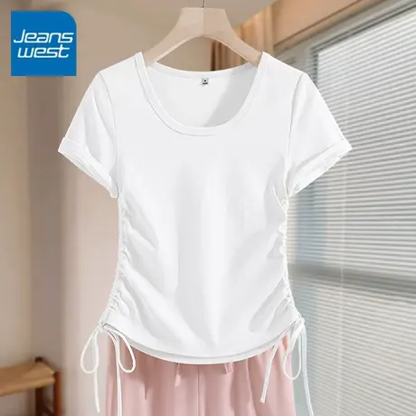 KV真维斯白色抽褶短袖t恤女2025新款 夏半袖小众设计体恤短款上衣商品大图