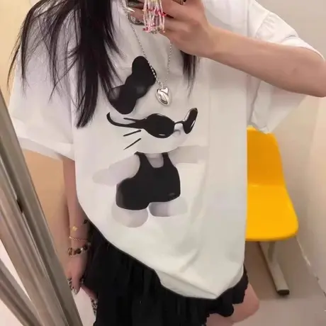 韩国东大门夏季新款韩版时尚休闲百搭KT猫印花减龄垫肩短袖T恤女商品大图