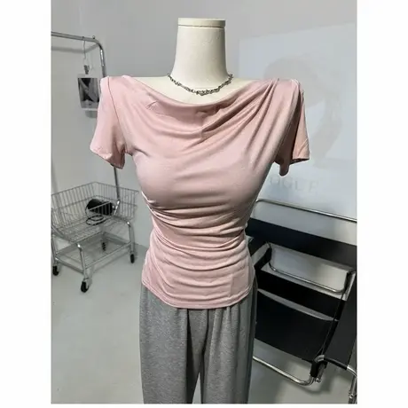 质感在线～ 荡领褶皱短袖T恤修身上衣夏季新款图片