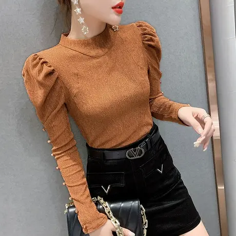 半高领打底衫女春秋时尚泡泡袖T恤女长袖小众设计感洋气质上衣潮图片