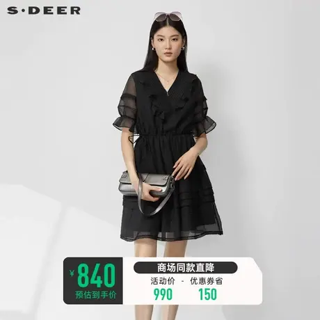 sdeer圣迪奥女装V领风琴褶荷叶边收腰泡泡袖连衣裙S23281215商品大图