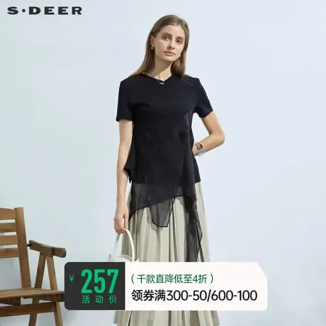 sdeer圣迪奥夏装V领网纱不规则拼接黑色短袖T恤女上衣S22280157⏹商品大图