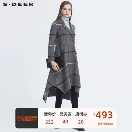 sdeer圣迪奥女装时尚平驳领格纹不规则毛呢大衣女冬外套S20481817🔓商品大图