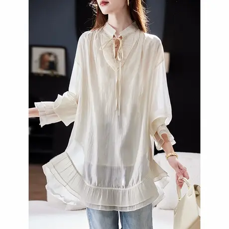 宝诗黎V领系带中长雪纺衫2025春季时尚慵懒显瘦减龄气质百搭上衣商品大图