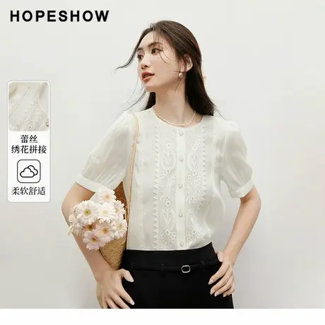 红袖2024秋季新款女装蕾丝绣花单排扣圆领衬衫商品大图