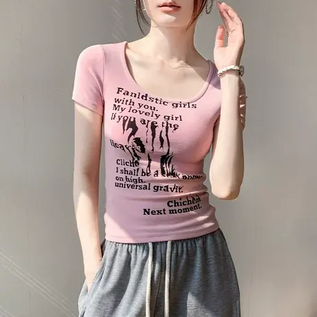 欧货方领短袖T恤女2025夏季新款字母印花洋气修身设计感小众上衣图片