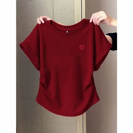 红色爱心刺绣短款正肩短袖t恤女夏季2024新款设计感修身显瘦上衣商品大图
