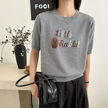 夏季圆领卡通提花针织短袖t恤女2025新款爆款短款设计感冰丝上衣图片