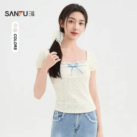 三福短T恤2025夏季撞色蝴蝶结蕾丝领口泡泡袖上衣女装501489图片