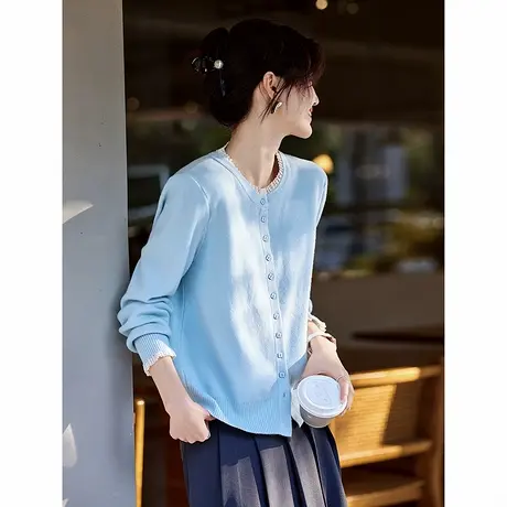 时尚气质蕾丝边简约淑女针织衫女2025年春季新品百搭显瘦开衫外套商品大图