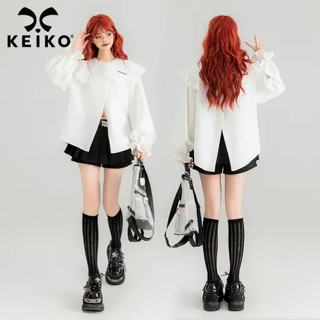 KEIKO 少女感蕾丝娃娃领白色长袖衬衫2025春季洋气显瘦泡泡袖上衣商品大图