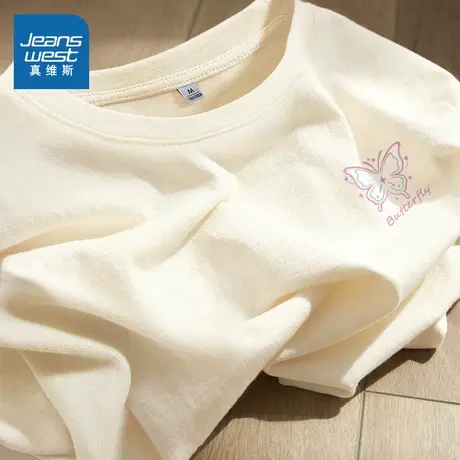 KMV真维斯杏色短袖t恤女款夏季2025新款纯棉设计感体恤半袖上衣潮商品大图