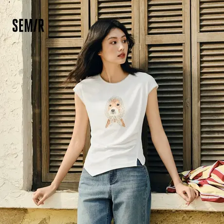 森马短袖T恤女短款连肩袖修身2025夏季新款蕾丝趣味小狗衣服小众图片