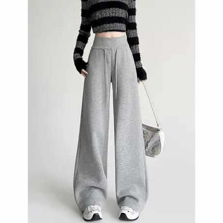 KV真维斯麻灰色运动阔腿裤女秋冬2025新款加绒高腰宽松春季直筒裤商品大图